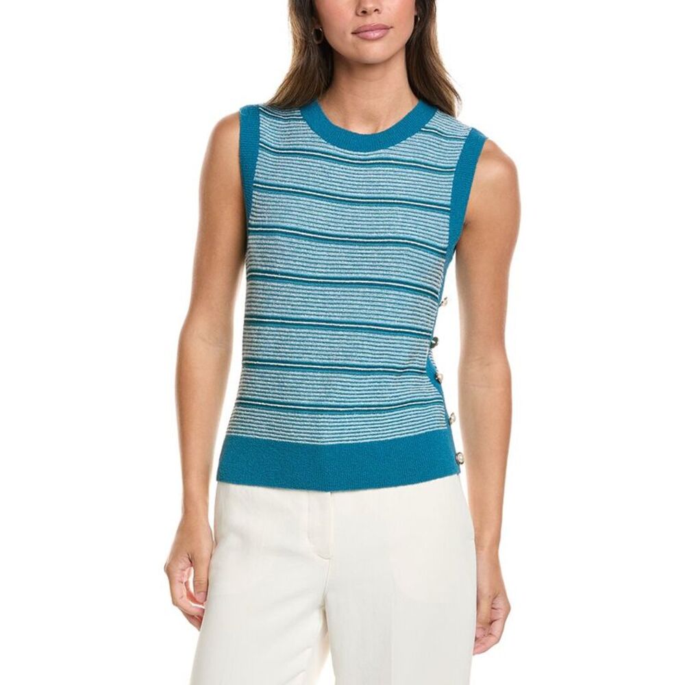 St. John Womens Crew Side Placket Wool-Blend Tank, Blue